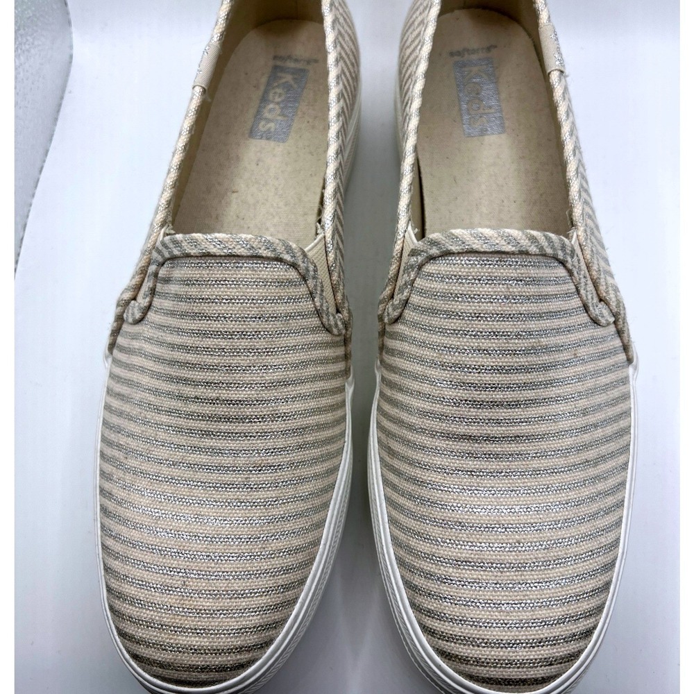 Keds Double Decker Sneaker 7.5 Cream Silver Excellent Striped Metallic Platform